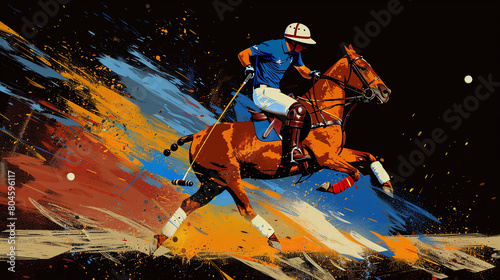 vector style dynamic illustration of polo player and horse  colorful  splashy