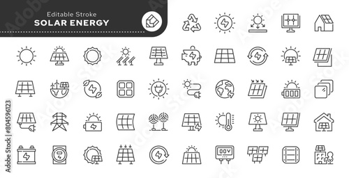 Series - Solar energy, solar battery. Set of line icons in linear style. Photovoltaic converter of solar energy into electric current. Renewable energy.Outline icon collection. Conceptual pictogram photo