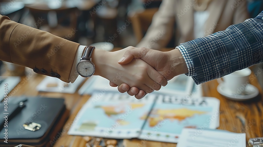 Visualize a top view close-up of retail business owners shaking hands over a table displaying detailed franchise agreements and maps showing location analytics, symbolizing the expansion. Visualize a top view close-up of retail business owners shaking hands over a table displaying detailed franchise agreements and maps showing location analytics, symbolizing the expansion.