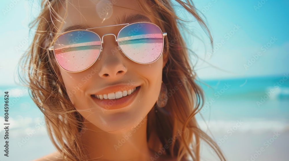 Close-up portrait of a smiling young woman with sunglasses on the beach. 