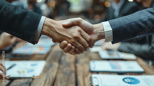 Visualize a top view close-up of sports agents and athletes shaking hands over a table strewn with contracts and colorful endorsement deal charts, symbolizing a pivotal moment in sports management.