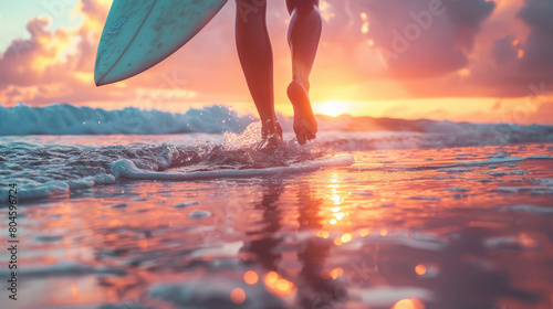 Surfer woman walking on the beach with surfboard at sunset. © Faith Stock
