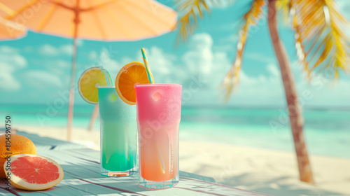 Cocktails on tropical beach with palm trees and turquoise sea.