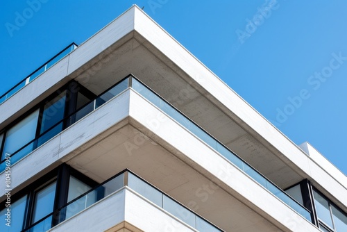 A photo of the facade of an office building in the midcentury modern style, with white concrete panels and black steel details, for architectural photography Generative AI