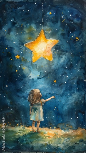 Whimsical watercolor painting of a young girl reaching towards a glowing star in a dreamlike celestial night sky.