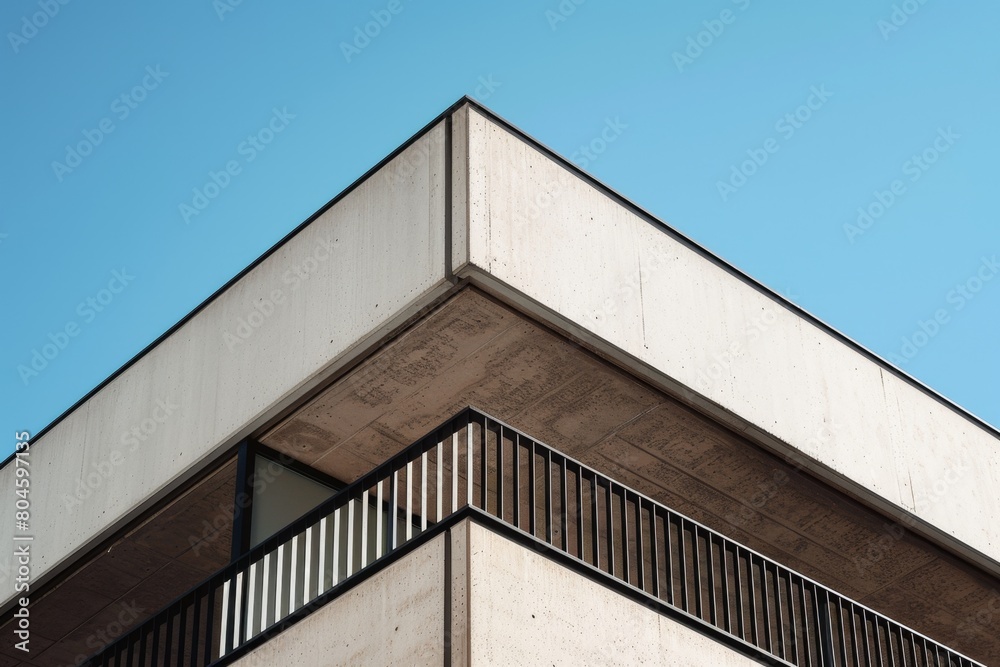 A closeup photo of the facade of an office building in a modernist style, featuring clean lines and large balconies that reach up to three floors high Generative AI
