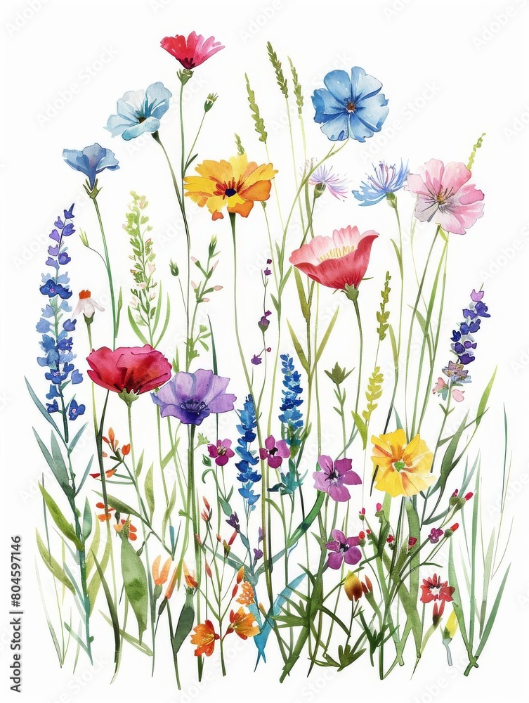 Watercolor clipart of an array of wildflowers, vibrant, delicate, whimsical, blooming, dancing in a breezy meadow concept, perfect for nursery, isolated on white background