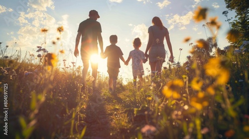 A family consisting of parents and children walking through a vast field as the sun sets in the background, casting a warm glow over the landscape.