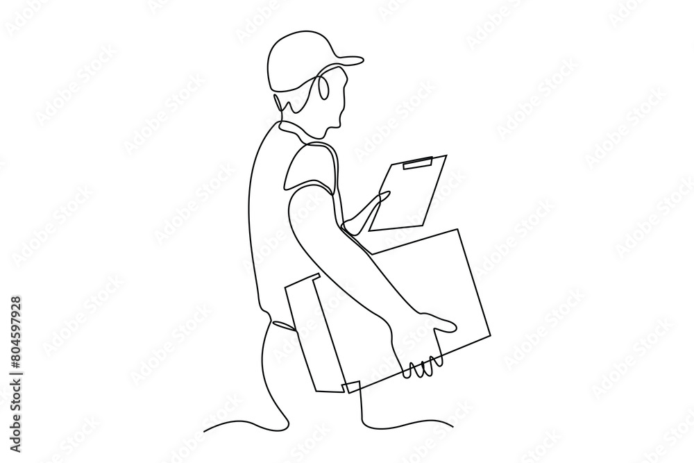 One line drawing of The courier checks the address of the package to be delivered. Delivery service concept. Cargo activity. Continuous line draw design vector illustration
