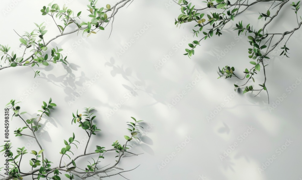 Minimalistic branches with green leaves against a bright clean background