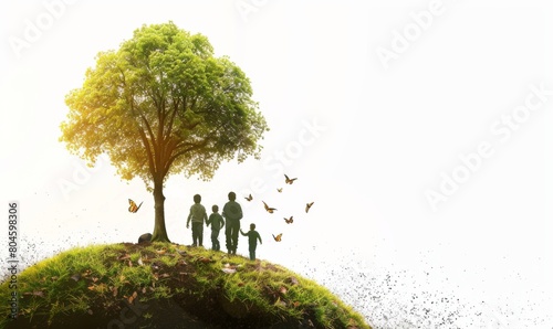 Family enjoying a lush green tree surrounded by butterflies in spring