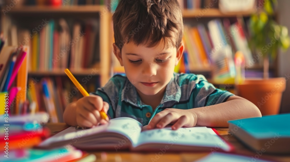 A boy engrossed in writing answers in a workbook, seated at a table surrounded by books and a colorful backdrop of bookshelves. A boy engrossed in writing answers in a workbook, seated at a table surrounded by books and a colorful backdrop of bookshelves.