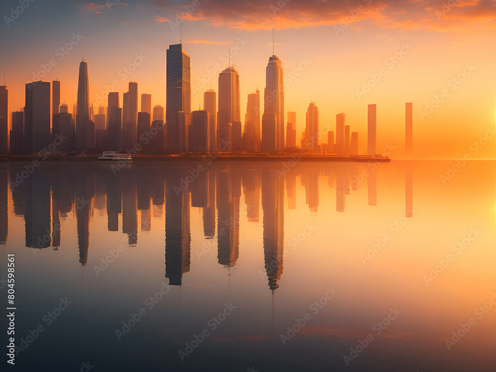 Silhouette of city buildings during sunset.