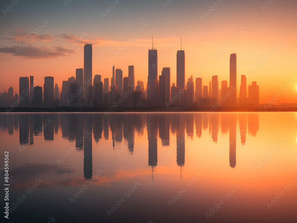 Silhouette of city buildings during sunset. Silhouette of city buildings during sunset.