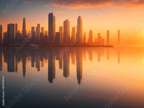 Silhouette of city buildings during sunset.