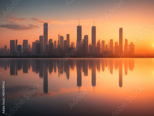 Silhouette of city buildings during sunset. © Adib