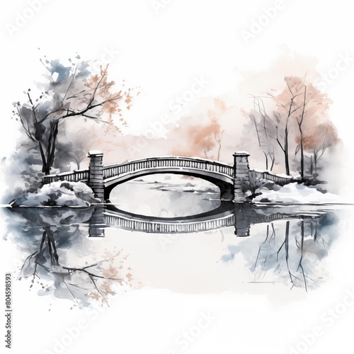 Bridge in winter. Winter bridge clipart. Watercolor illustration. Generative AI. Detailed illustration.