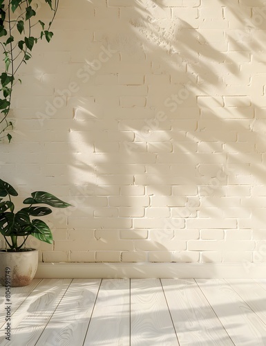 A modern minimalist style beige wall with white brick texture, light green wood grain paneling on the floor and some plants next to it