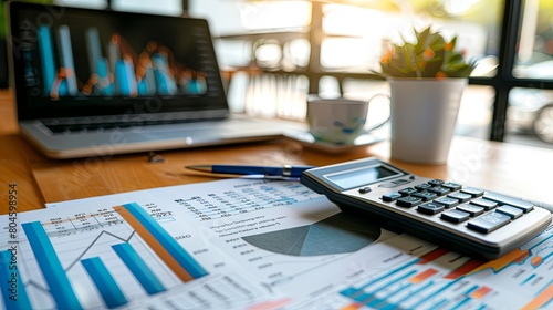A calculator sits on a table next to a laptop. The setup is ideal for accounting tasks or financial planning. Generative AI