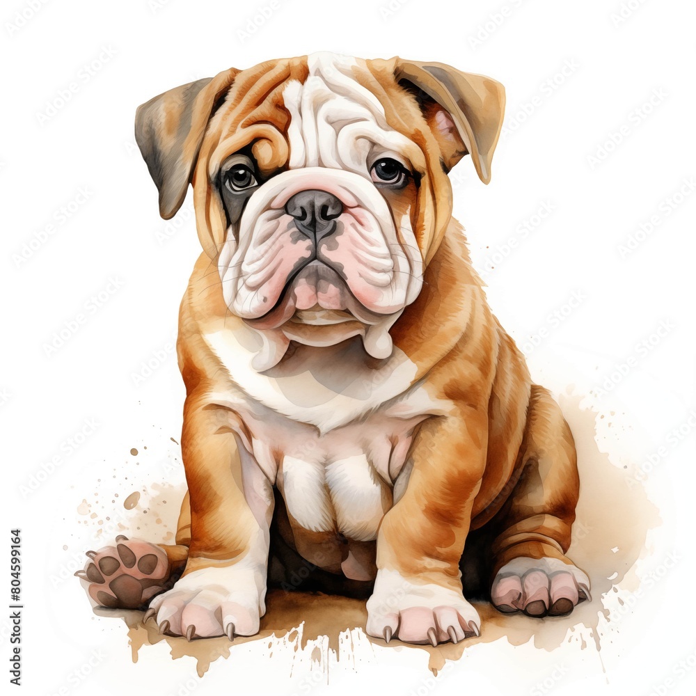 Bulldog. English bulldog. Puppy dog. British bulldog clipart. Watercolor illustration. Generative AI. Detailed illustration.