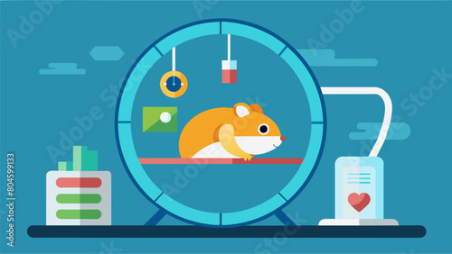 An activity tracker on a hamsters wheel automatically syncs with the veterinarians system to track exercise and monitor for potential health issues.. Vector illustration