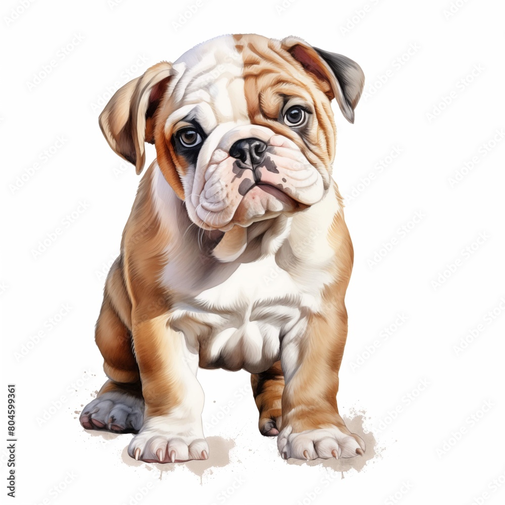 Bulldog. English bulldog. Puppy dog. British bulldog clipart. Watercolor illustration. Generative AI. Detailed illustration.