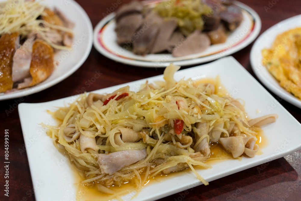 Asian cuisine with Goose intestines sour cabbage in restaurant