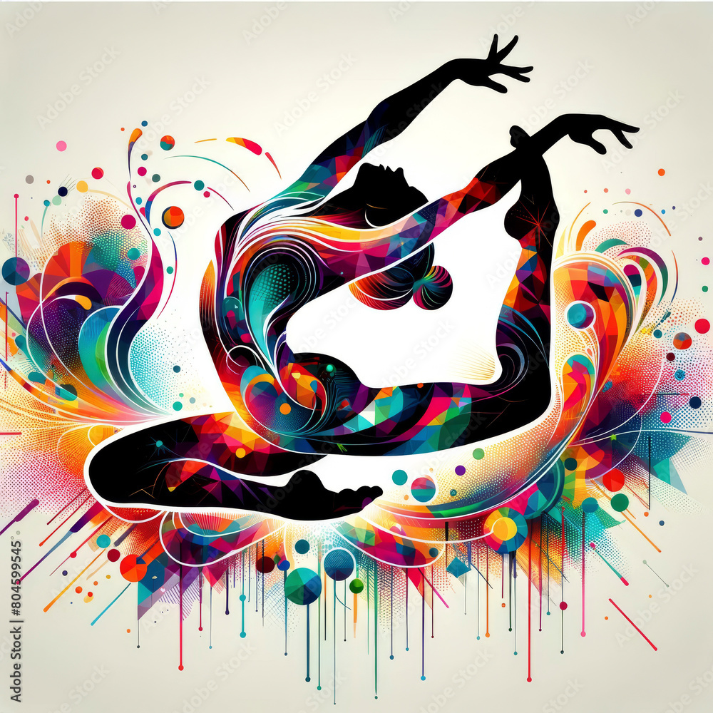 Obraz premium Woman Performing Gymnastic Pose With Colorful Paint Splatters