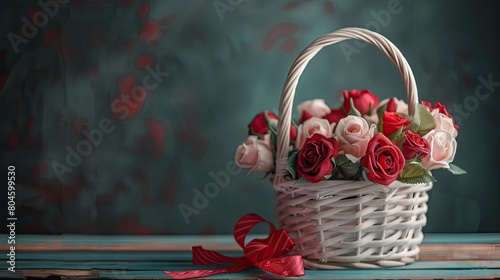 A white wicker basket adorned with red and pink roses rests on a light wooden surface complemented by a vibrant red gift ribbon set against a dark backdrop on a wooden table with ample spac © 2rogan
