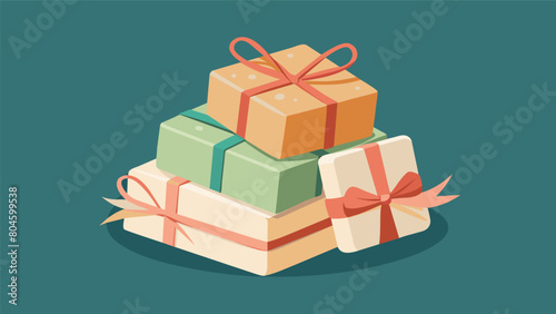 A stack of beautifully wrapped homemade soaps tied with festive ribbons and ready to be gifted to coworkers as a thoughtful and unique holiday treat..