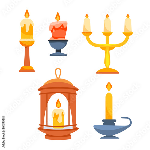 Cartoon ancient candlesticks, wax candle vintage holders. Decorations traditional lighting.