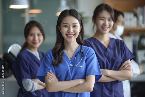 Friendly Female Nurses in Blue Scrubs Smiling at Modern Clinic