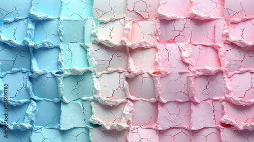 The image is a collage of different colored blocks, with blue, pink