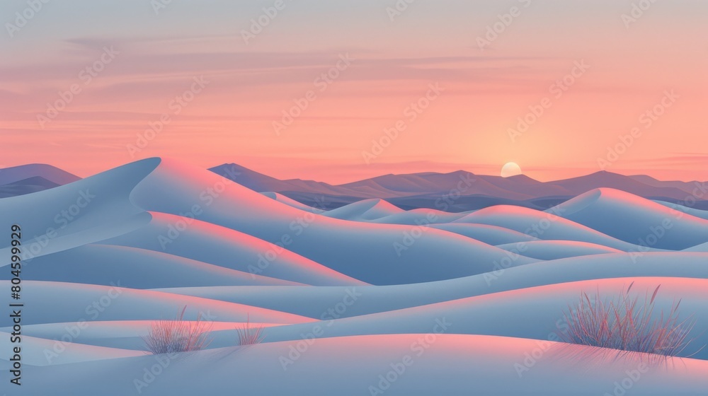 A sunset over a desert with mountains in the background, AI