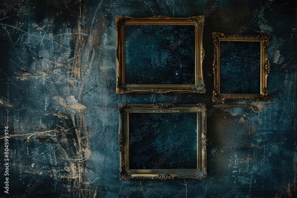 Three elegant gold frames hanging on a dark blue wall. Perfect for interior design projects Three elegant gold frames hanging on a dark blue wall. Perfect for interior design projects