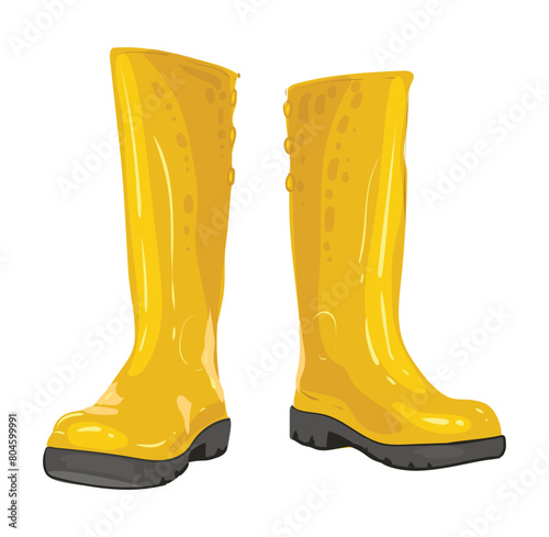 Rubber garden boots for rainy weather in yellow. Yellow shoes for rain. Vector isolated illustration on white background.
