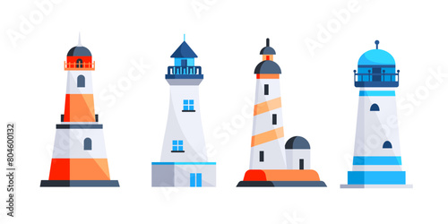 Set of lighthouses. Tower with floodlight on coast for maritime navigation