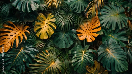 A close up of a bunch of tropical leaves that are green and yellow  AI