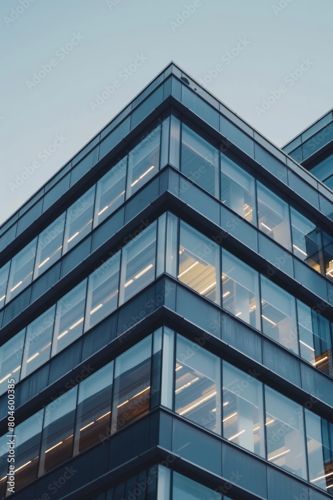 A tall building with numerous windows and a clock. Suitable for urban architecture concepts