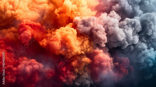 A colorful cloud of smoke with orange, red, and blue swirls