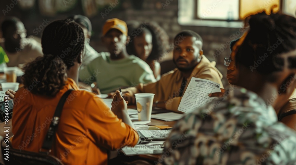 A diverse group of people sitting together at a table. Suitable for business meetings or social gatherings