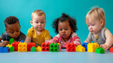 copy space, stockphoto, some toddlers with different ethnic background playing with building bricks. Cute little playfull toddlers, diversity theme. Young children with different origin. Poster with y