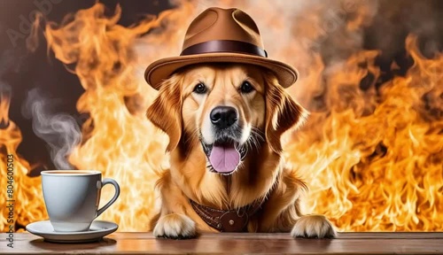 a golden retriever wearing a brown trilby sitting at a table with a cup of coffee with the fire background photo