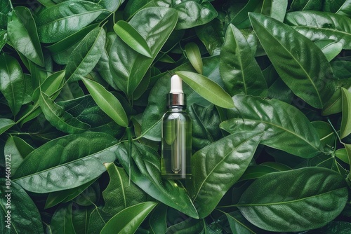 Beauty concept with serum bottle and tube craem on green leaf nature texture background top view