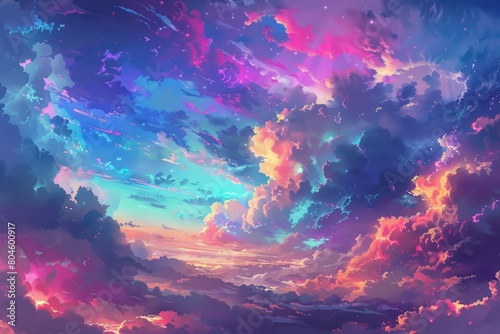 A beautiful painting of a colorful sky with fluffy clouds. Perfect for backgrounds or nature-themed designs