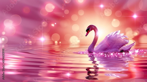   A pink swan floats atop a rosy body of water Behind it lies a pink and white wall adorned with lights
