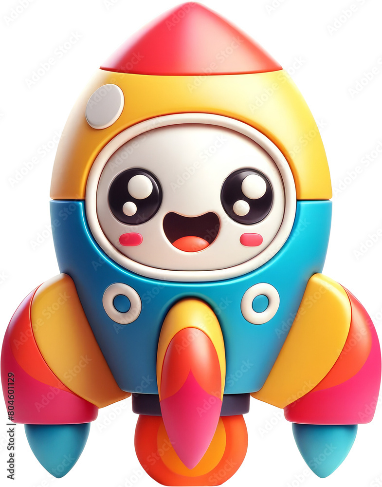 Fototapeta premium Vibrant and cheerful cartoon rocket character with a big smile, designed in bright colors, perfect for inspiring creativity and exploration in children.