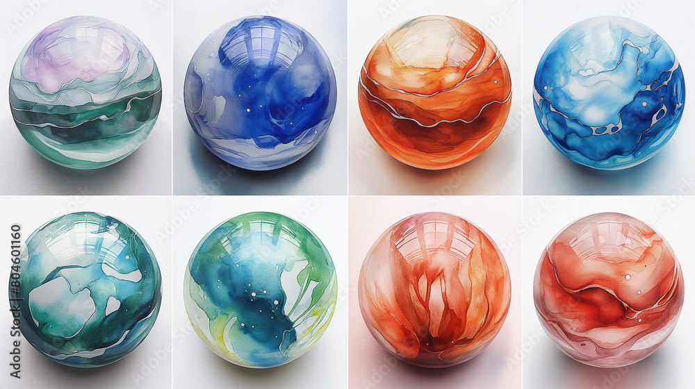A set of nine colorful marbles, each with a different color and pattern