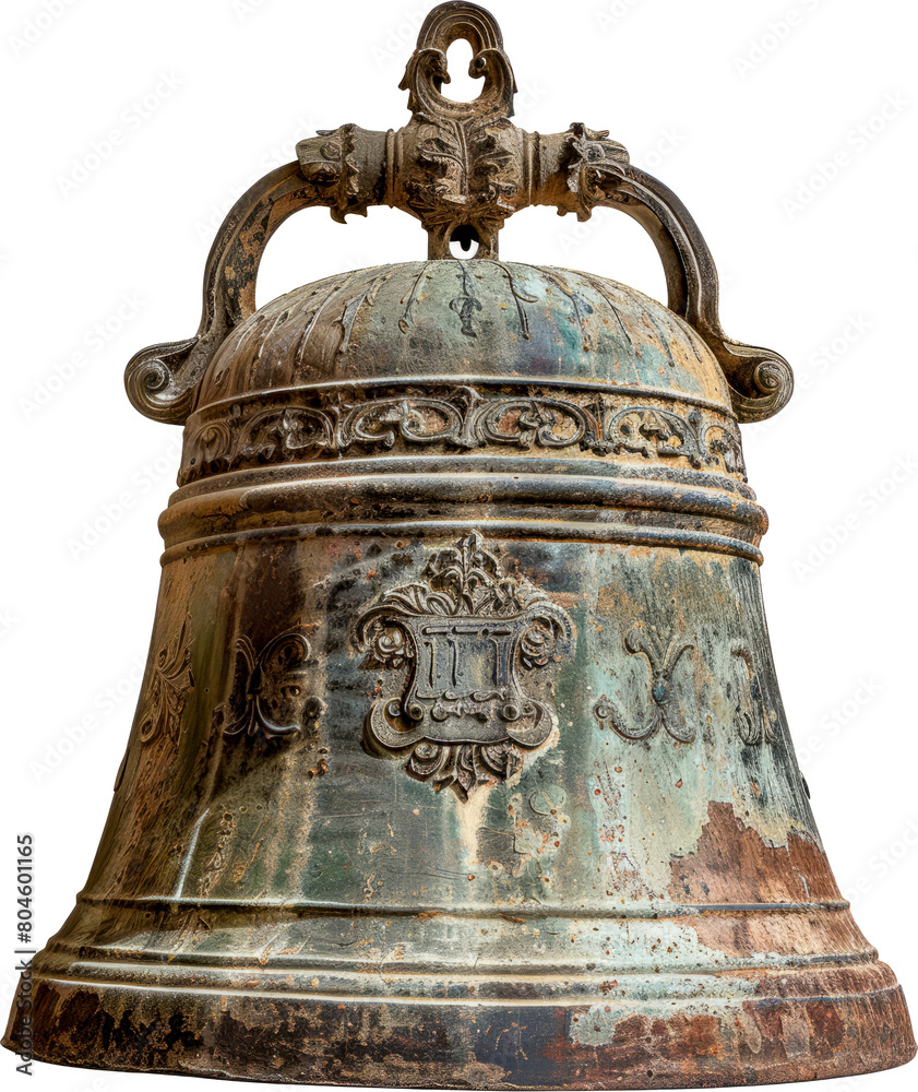 Antique bronze bell with intricate engravings cut out on transparent background