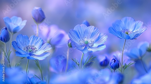  A field of blue flowers blooming, against a backdrop of a blue sky